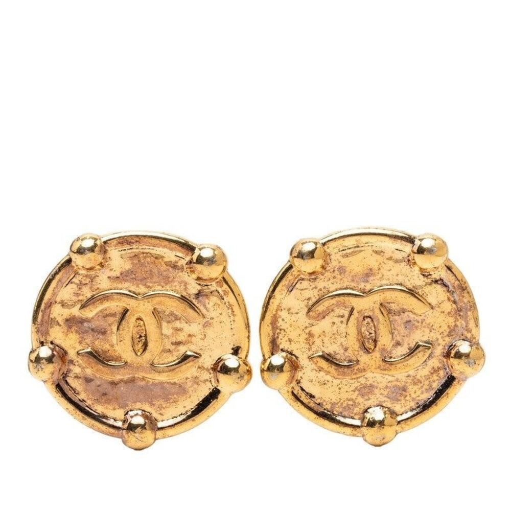 Chanel Vintage CC Logo Round Earrings Gold Plated